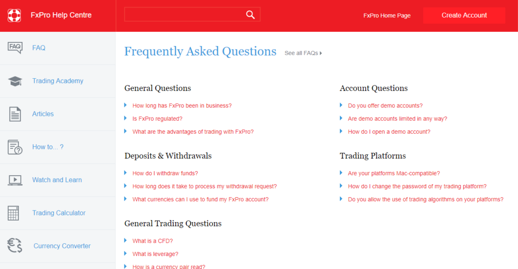 FxPro FAQ page