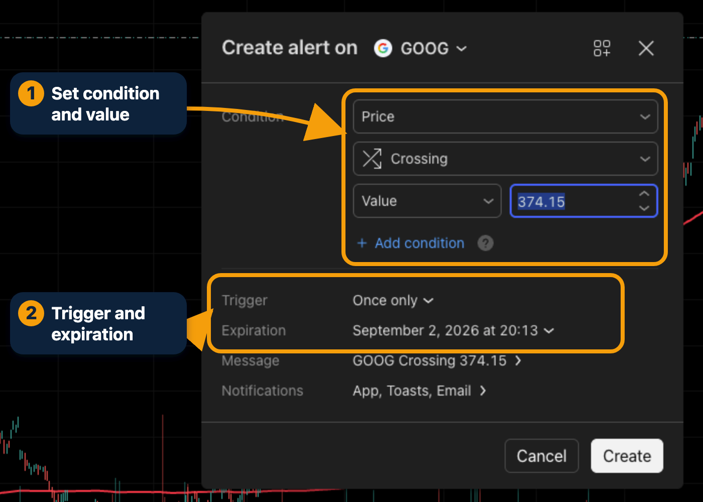 TradingView Create alert dialog with the condition, trigger, and expiration fields highlighted