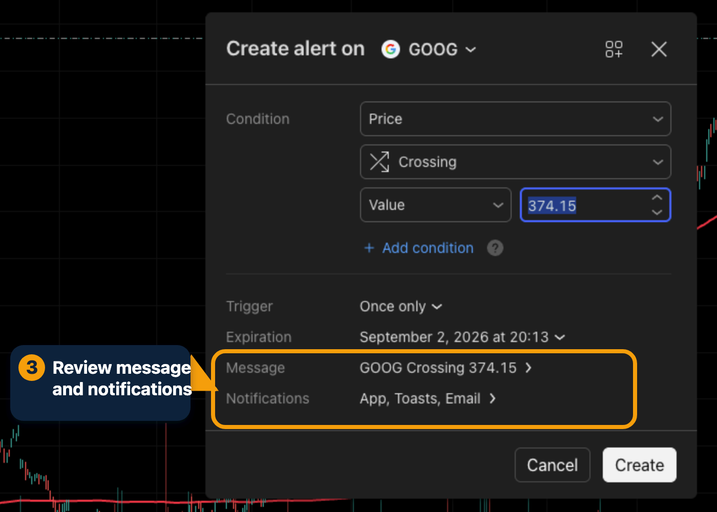 TradingView Create alert dialog with the message and notification settings highlighted