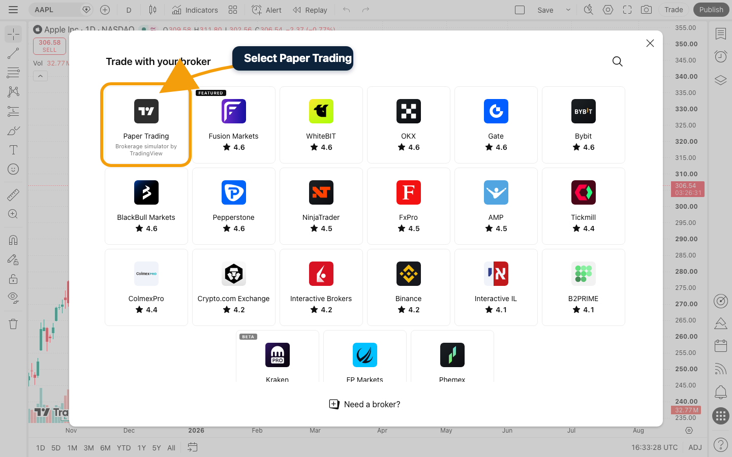 TradingView broker connection dialog with the Paper Trading simulator highlighted