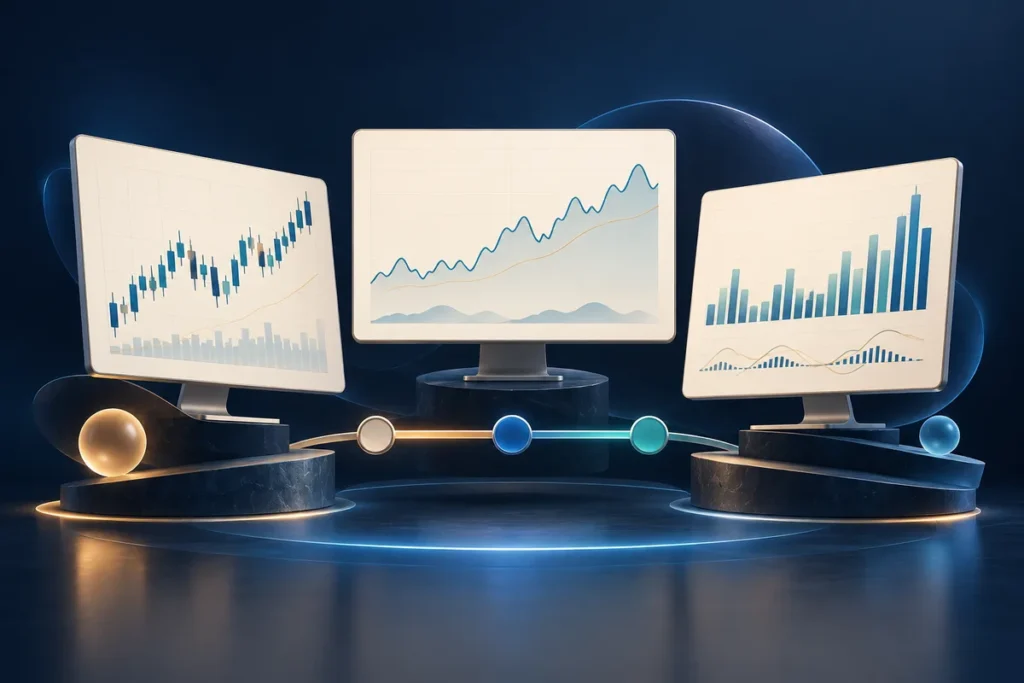 Illustration of three charting workspaces for comparing trading platforms