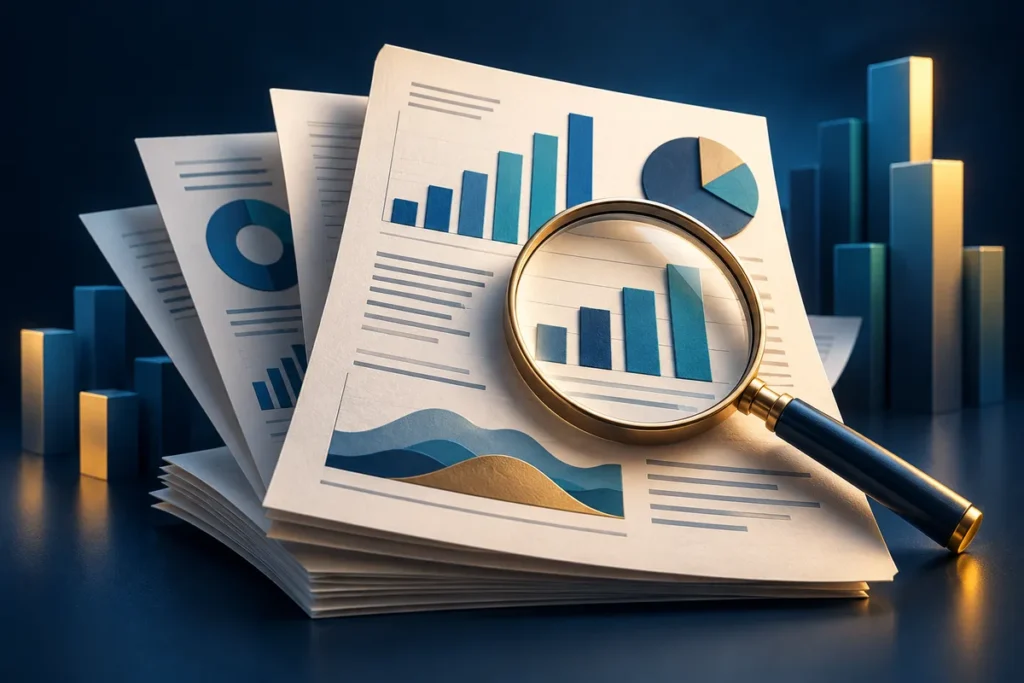 Illustration of financial reports and a magnifying glass examining a chart